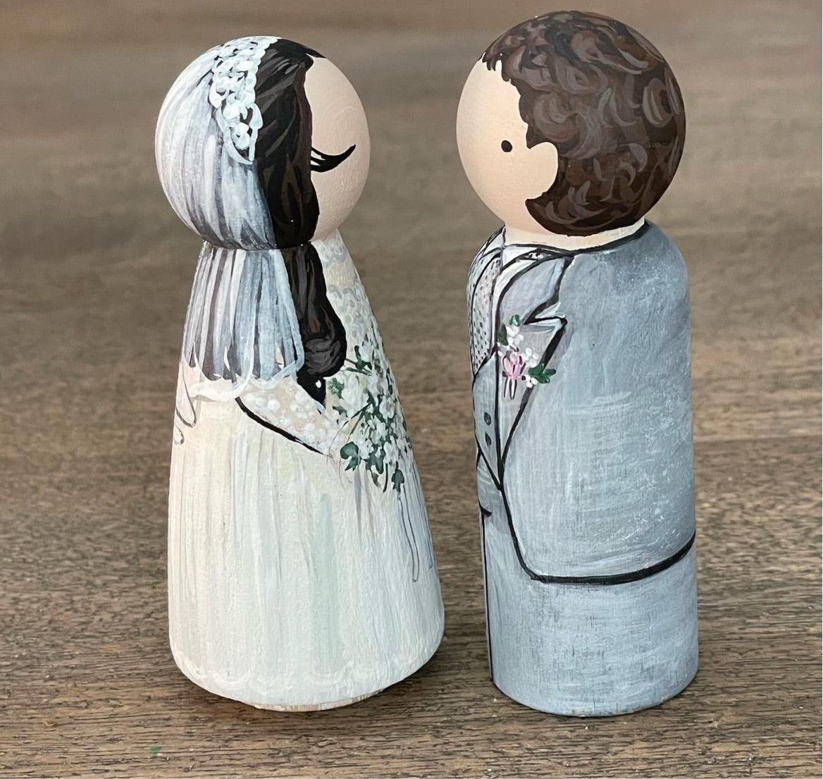 Custom Painted Wedding Couple Peg Dolls, Style 3 Wood Grain Skin Tone With Eyebrows, Personalised Wedding sold Cake Topper, Wedding Gift